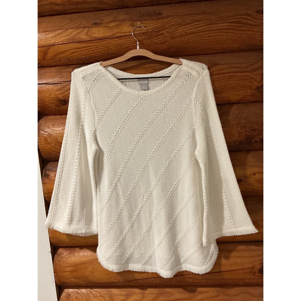 Chicos White Textured Knit Fringe Trim Bell Sleeve Sweater Size 1 Medium